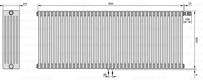 Схема (чертеж) Радиатор Zehnder Charleston 6300/40 №V008 Белый глянцевый RAL 9016